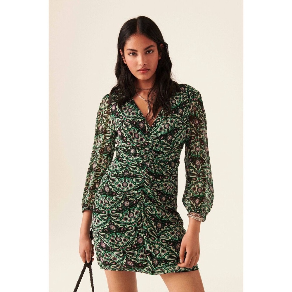 BA&SH Fanny Ruched Mini Dress in‎ Vert Green Paisley Print